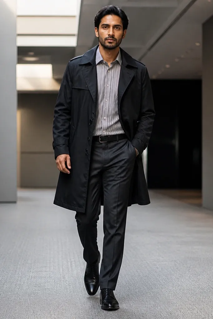 Charcoal suit trousers with a subtle striped dress shirt under a black trench coat, paired with black cap-toe shoes