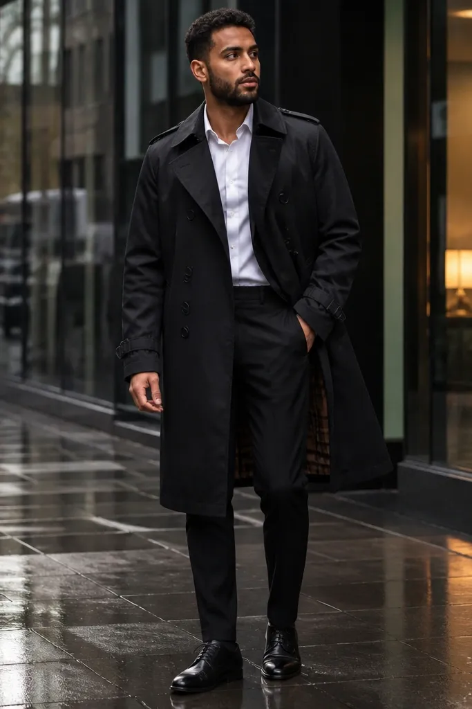 Black trench coat with a visible camel interior and black trousers, paired with black leather lace-ups
