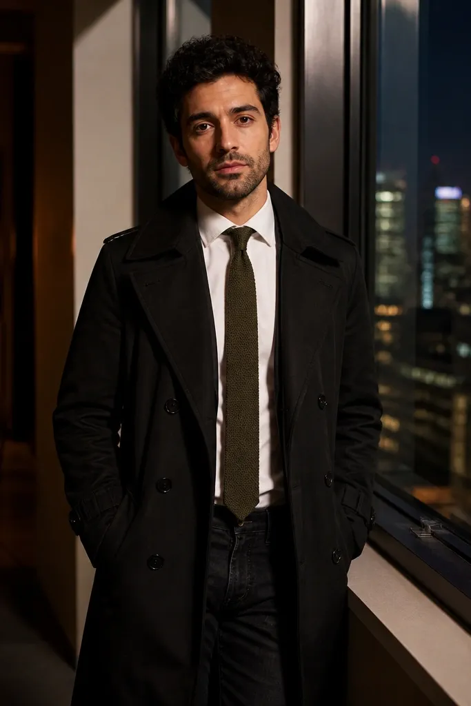 Black trench over white shirt with olive knit tie and dark denim