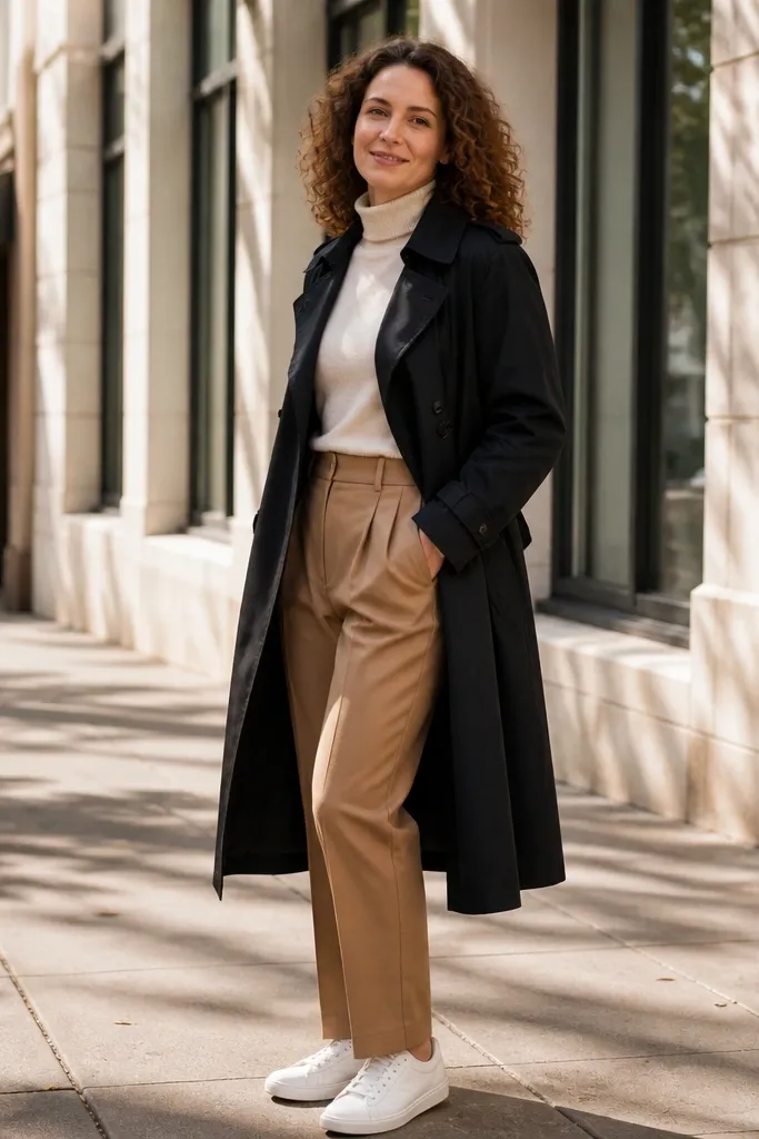 Black trench over cream turtleneck with camel trousers and white sneakers