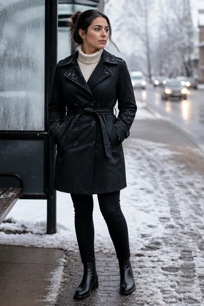 Cream turtleneck, black belted trench coat, black skinny pants, ankle boots