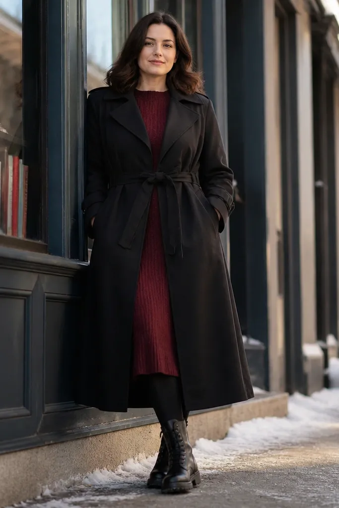 Oxblood knit midi dress under long black trench with knee-high boots