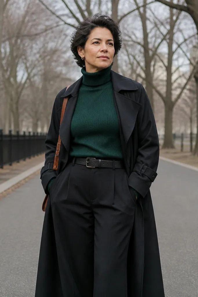 Deep green turtleneck with wide-leg black trousers and black trench coat