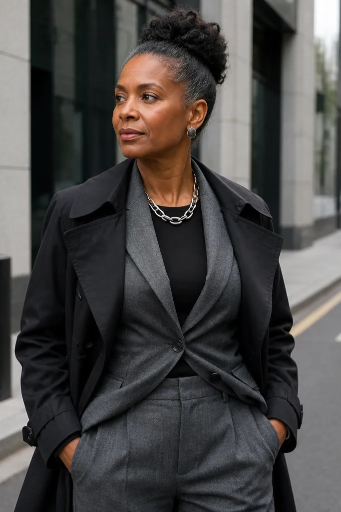 Gray wool suit with black trench coat and silver jewelry