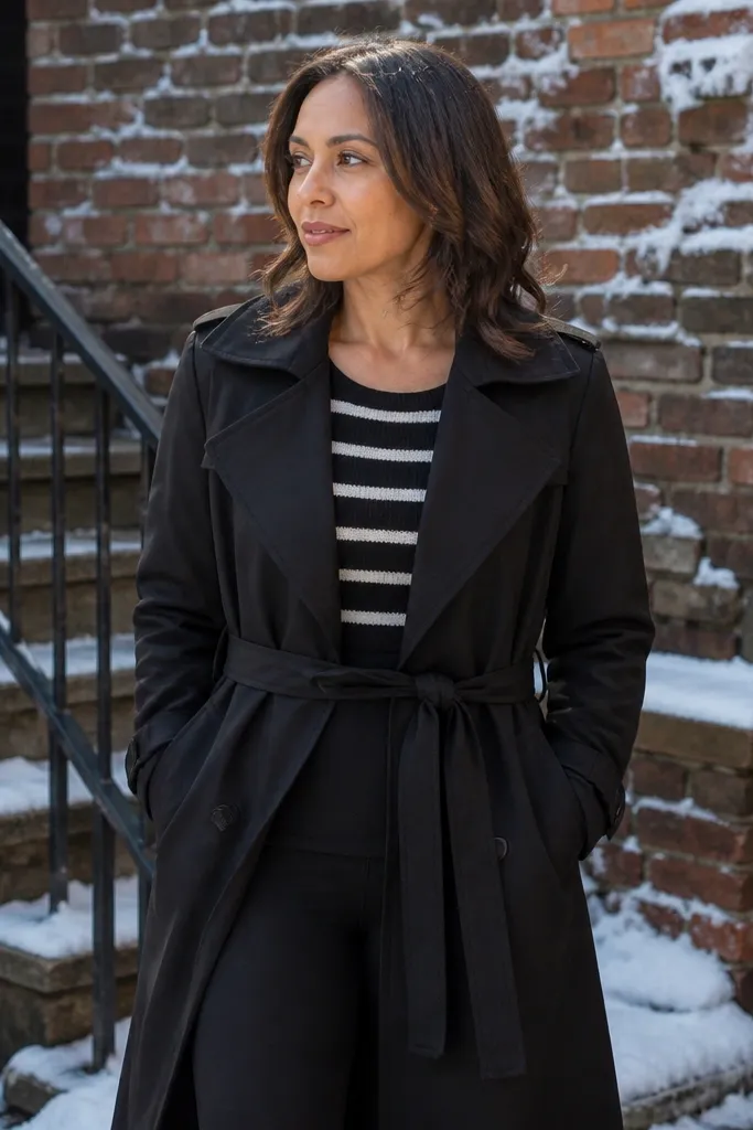 Black trench over striped sweater and black leggings with ankle boots