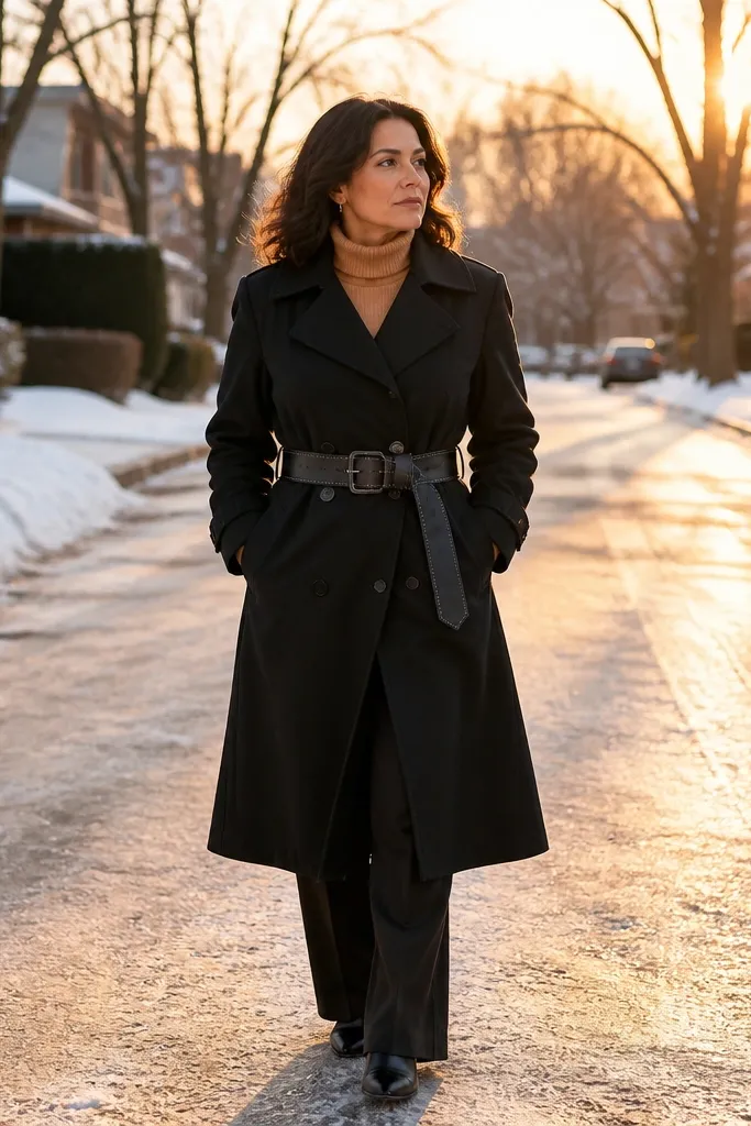 Camel turtleneck with black trench coat and wide belt, black trousers