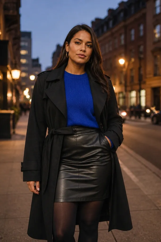 Cobalt sweater under black trench with black leather skirt and tights
