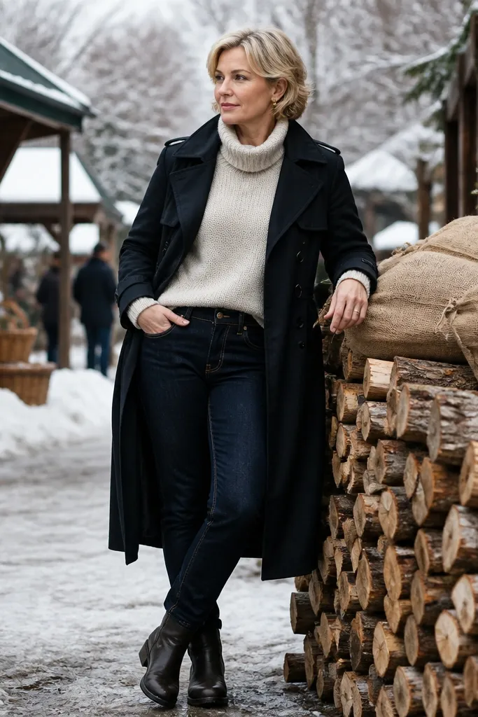 Oatmeal sweater with black trench over dark denim and brown boots