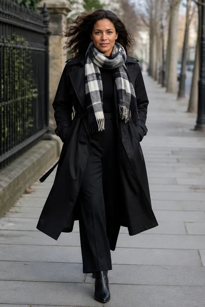 Black turtleneck jumpsuit with black trench and plaid scarf