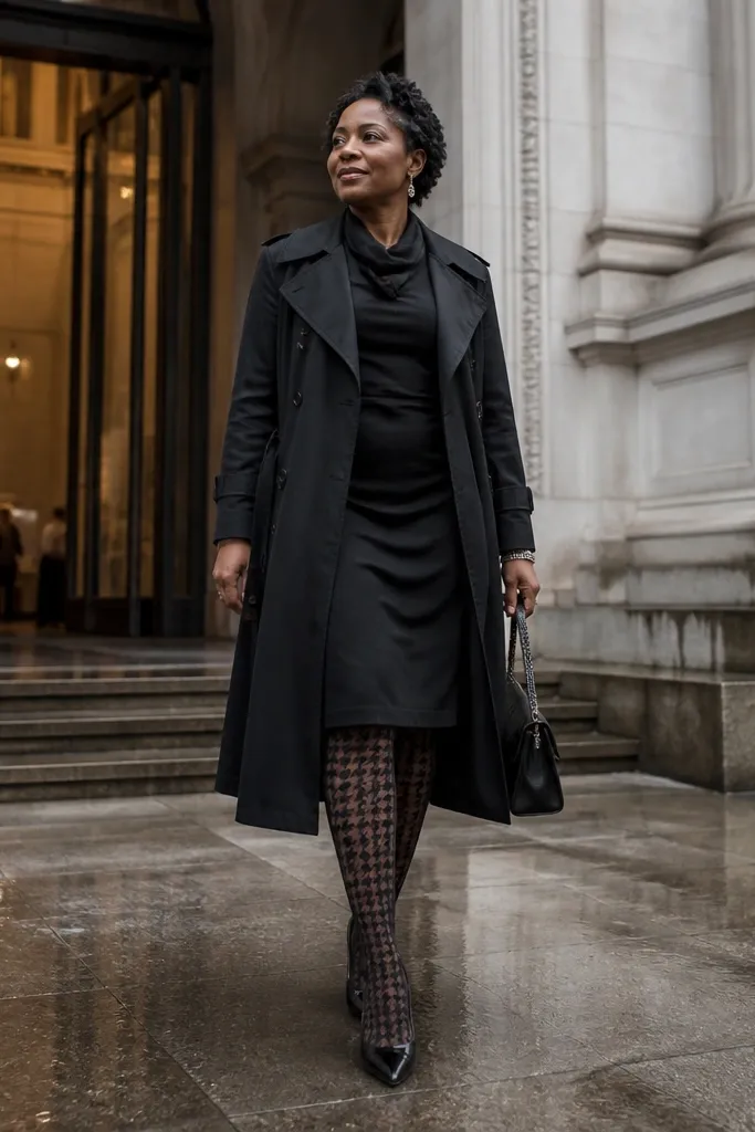 Long black dress with black trench and patterned tights with ankle boots