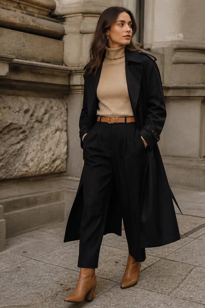 Beige turtleneck with black trench and tan boots and belt