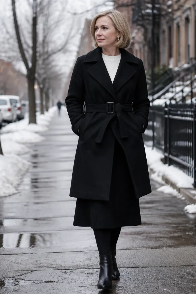 White sweater under black trench with black midi skirt and tights