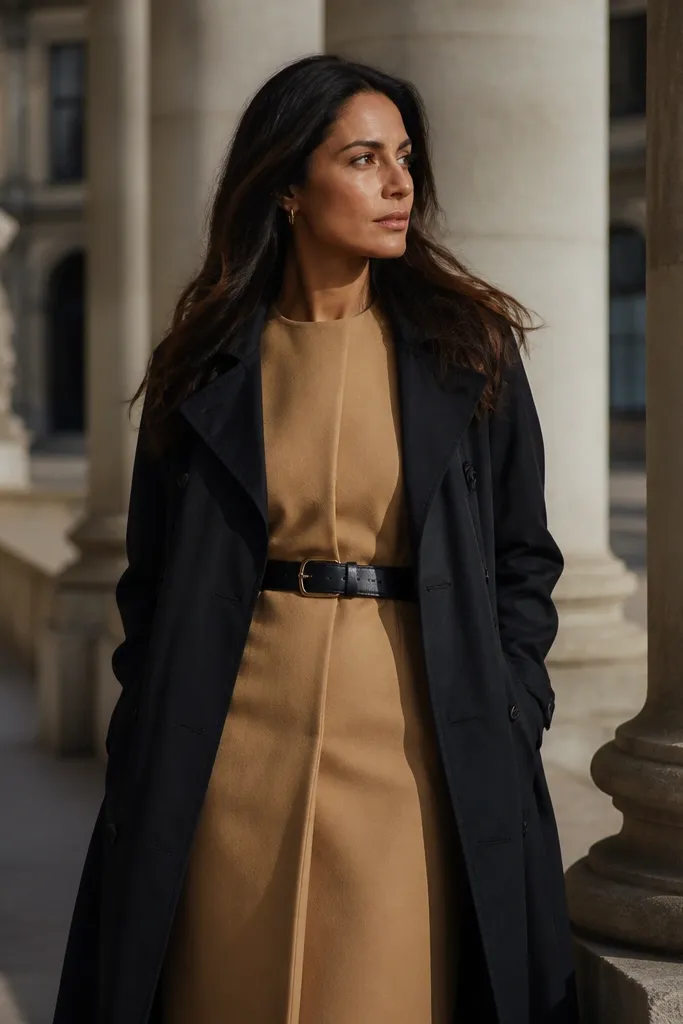 Camel coat dress under black trench with black belt and knee boots