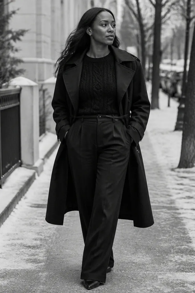 Textured black knit sweater under long black trench with black boots