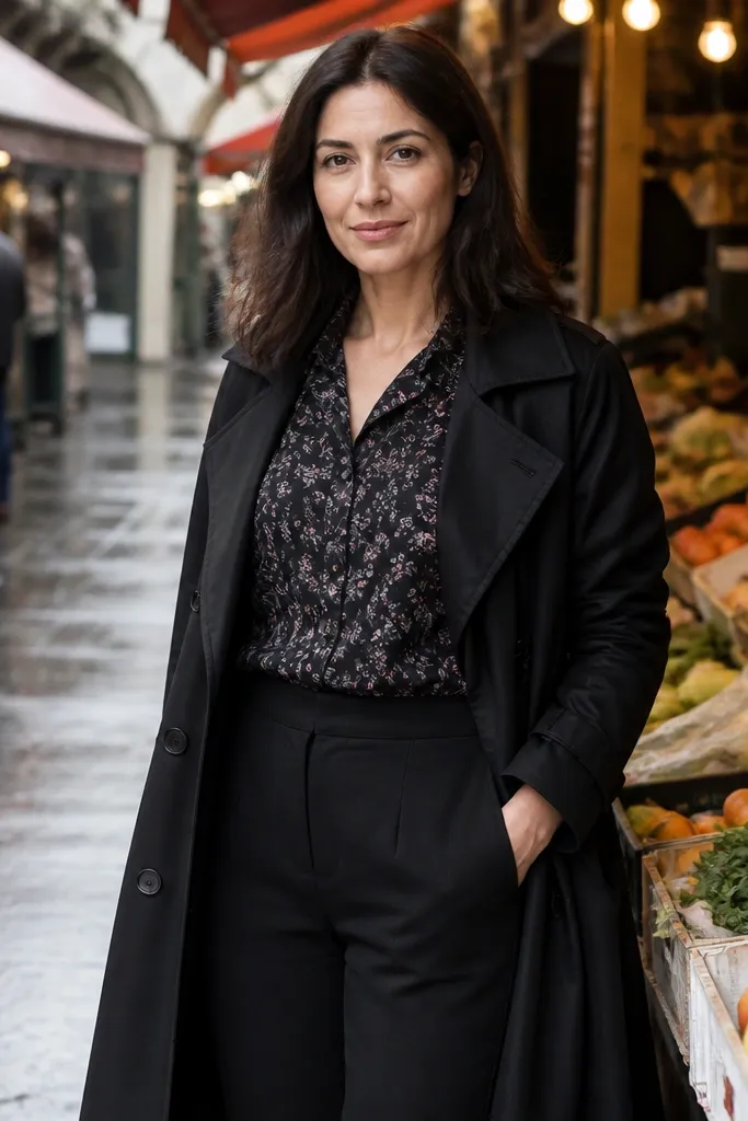 Black trench over patterned blouse with straight-leg trousers and ankle boots