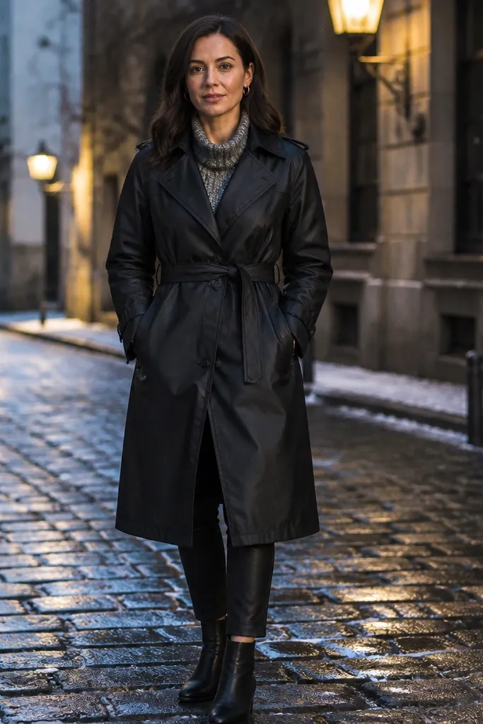 Silver-gray sweater under black trench with black cigarette pants and heeled boots