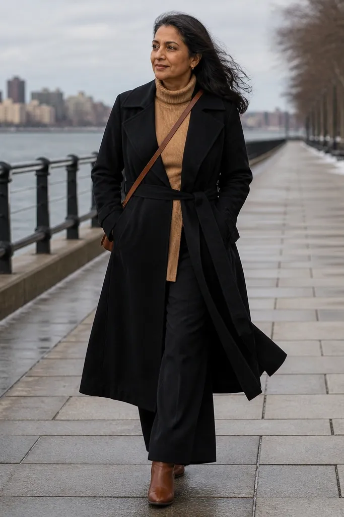 Tan sweater with black trench and black wide-leg trousers with brown boots