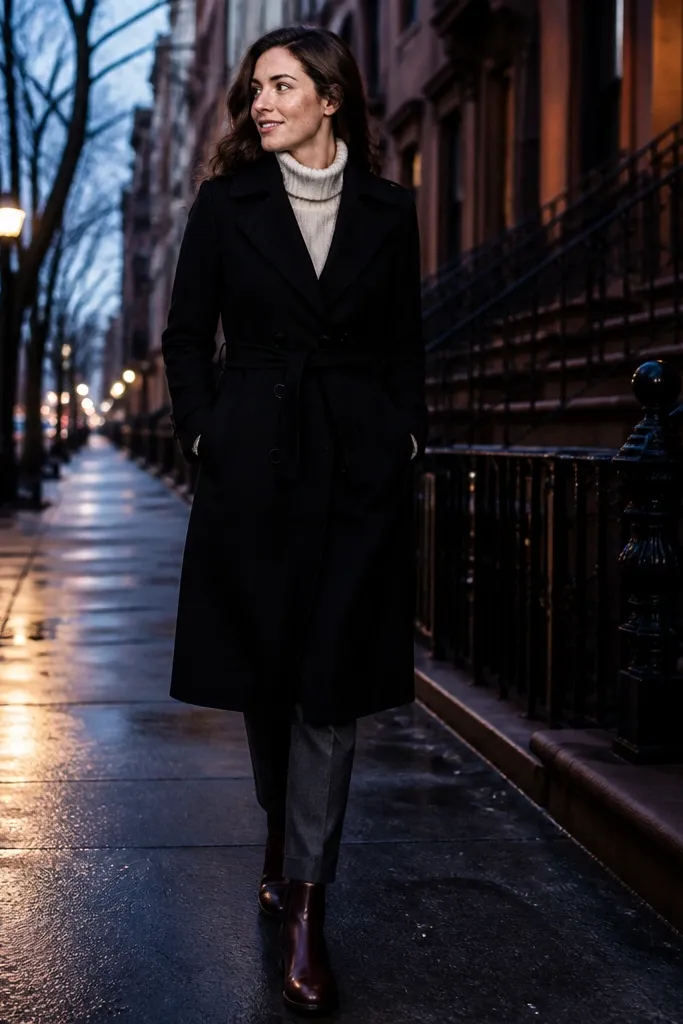 Cream turtleneck with charcoal straight trousers and brown Chelsea boots under a black wool trench coat.