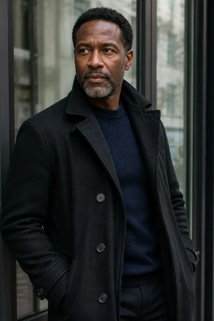 Deep navy knit sweater and black trousers with matte black loafers under a black wool trench.