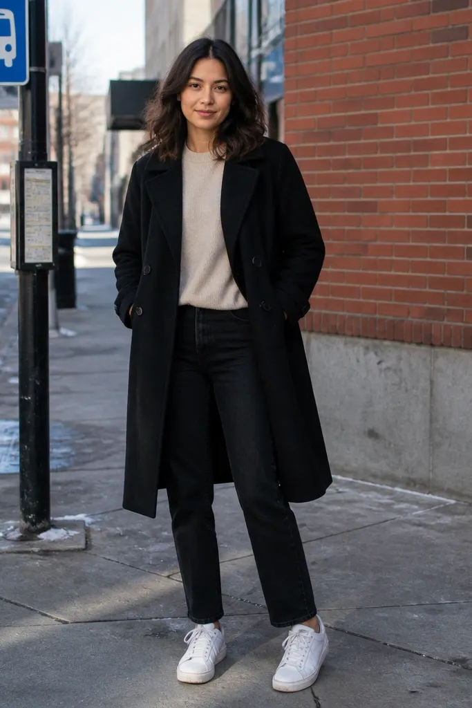 Oatmeal sweater with black jeans and white sneakers under a black wool trench coat.