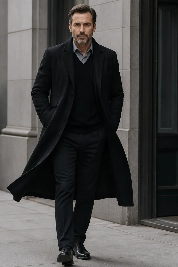 Gray flannel shirt with black sweater vest and tailored black trousers under a black wool trench.