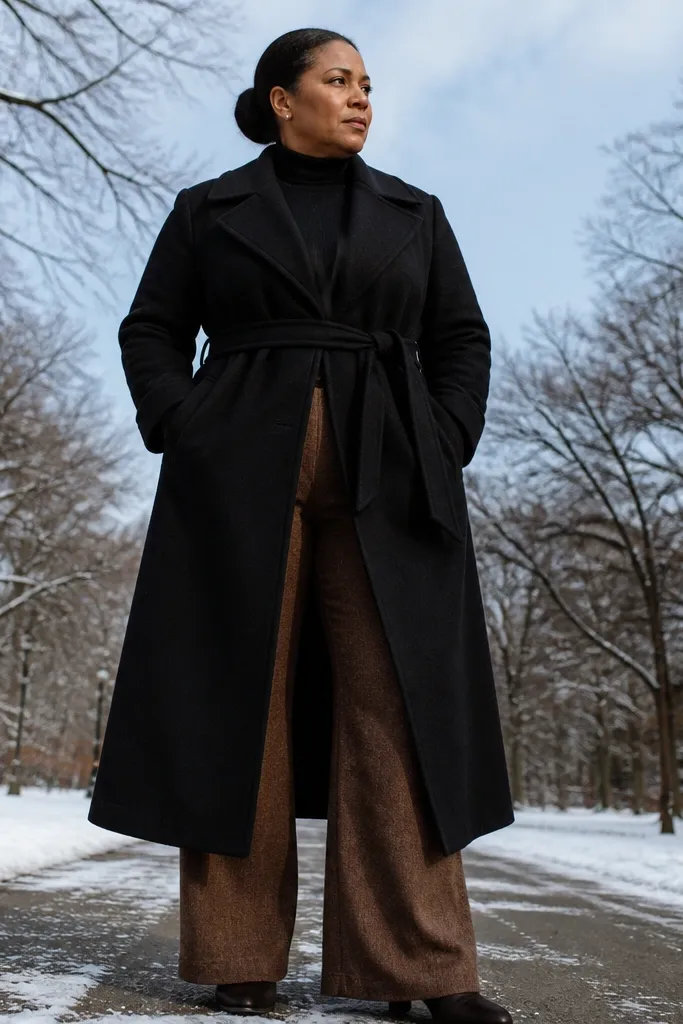 Black turtleneck with brown wool trousers under a black wool trench coat and dark leather boots.