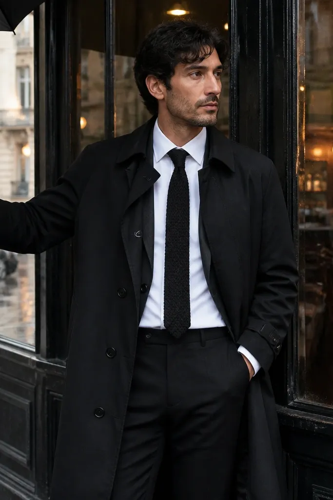 White button-down and black knit tie with slim black chinos under a black wool trench coat.