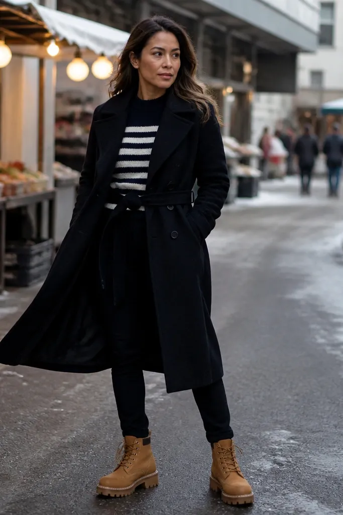 Navy and white striped knit with black jeans and tan work boots under a black wool trench coat.
