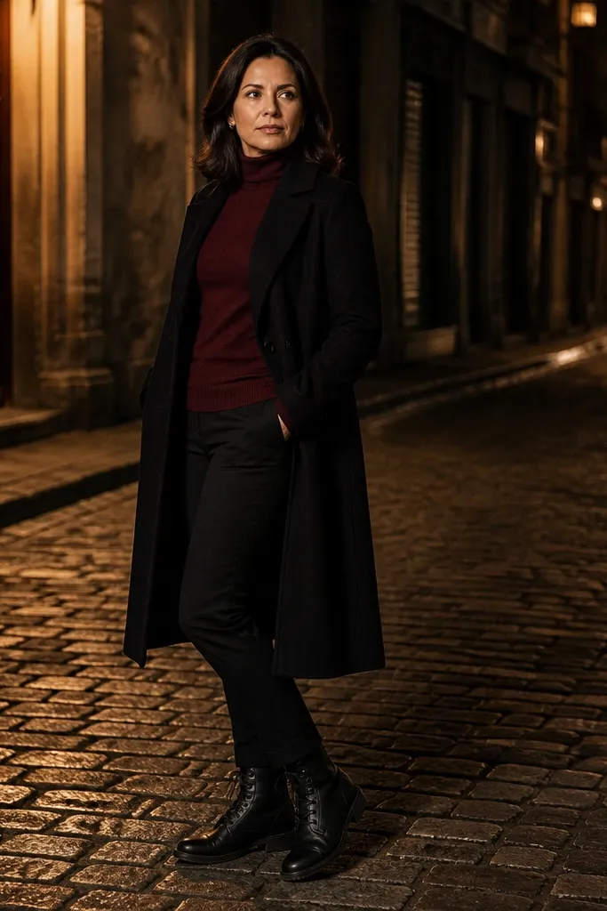 Burgundy merino turtleneck with black cigarette pants and black lace-up boots under a black wool trench.