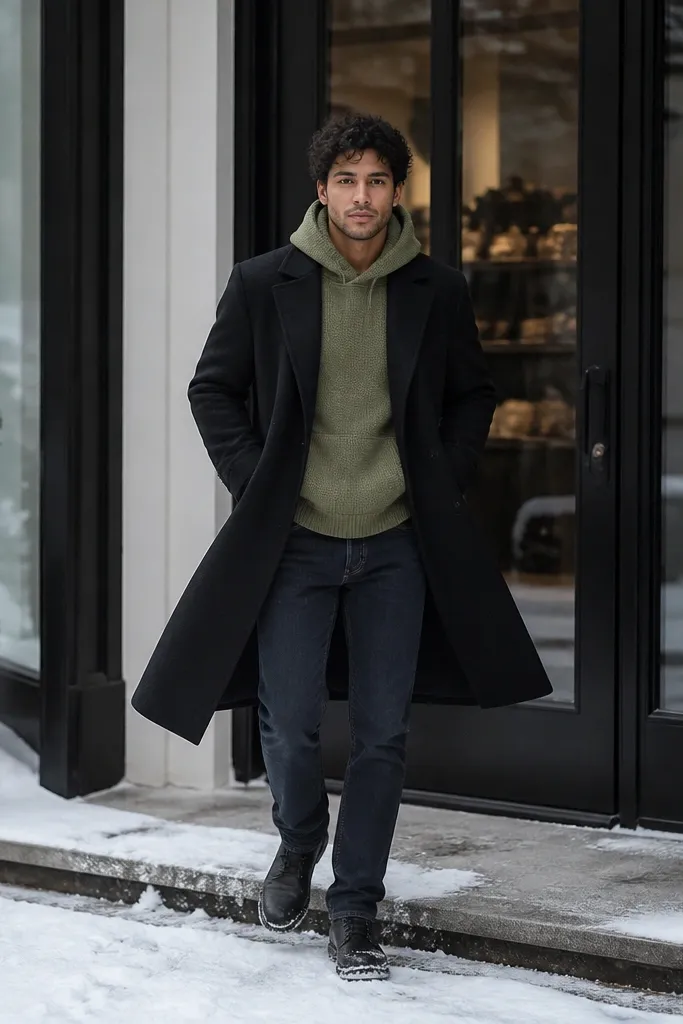 Sage knit hoodie sweater with dark denim under a black wool trench coat.