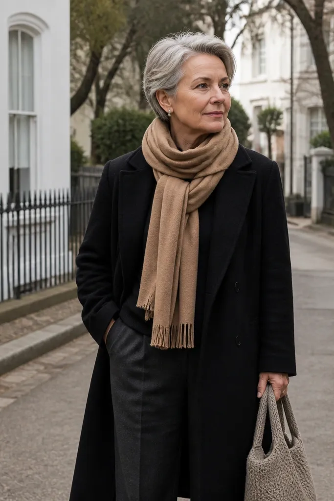 Black crewneck with charcoal trousers and a camel scarf under a black wool trench coat.