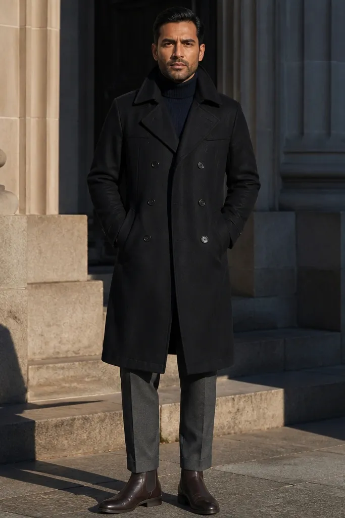 Navy turtleneck with gray wool trousers and dark brown boots under a black wool trench.