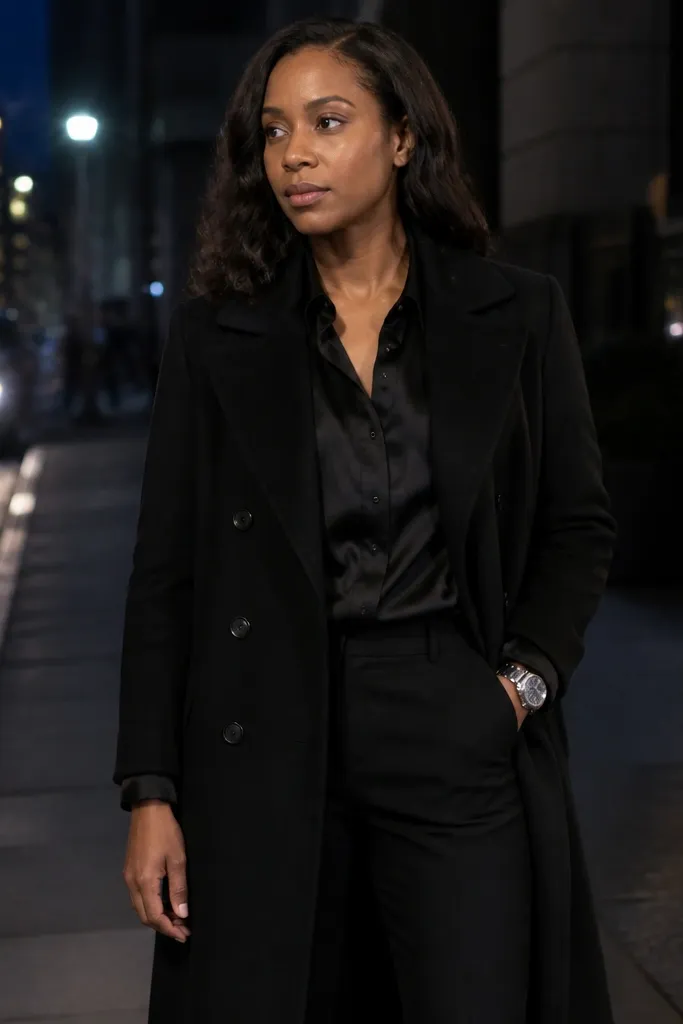 Black satin-look shirt with slim black trousers and a silver watch under a black wool trench coat.