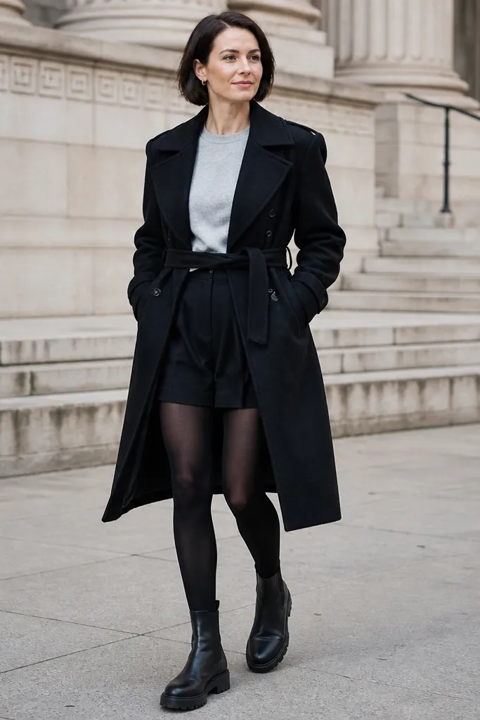 Light gray crewneck with black tailored shorts and black tights under a black wool trench.