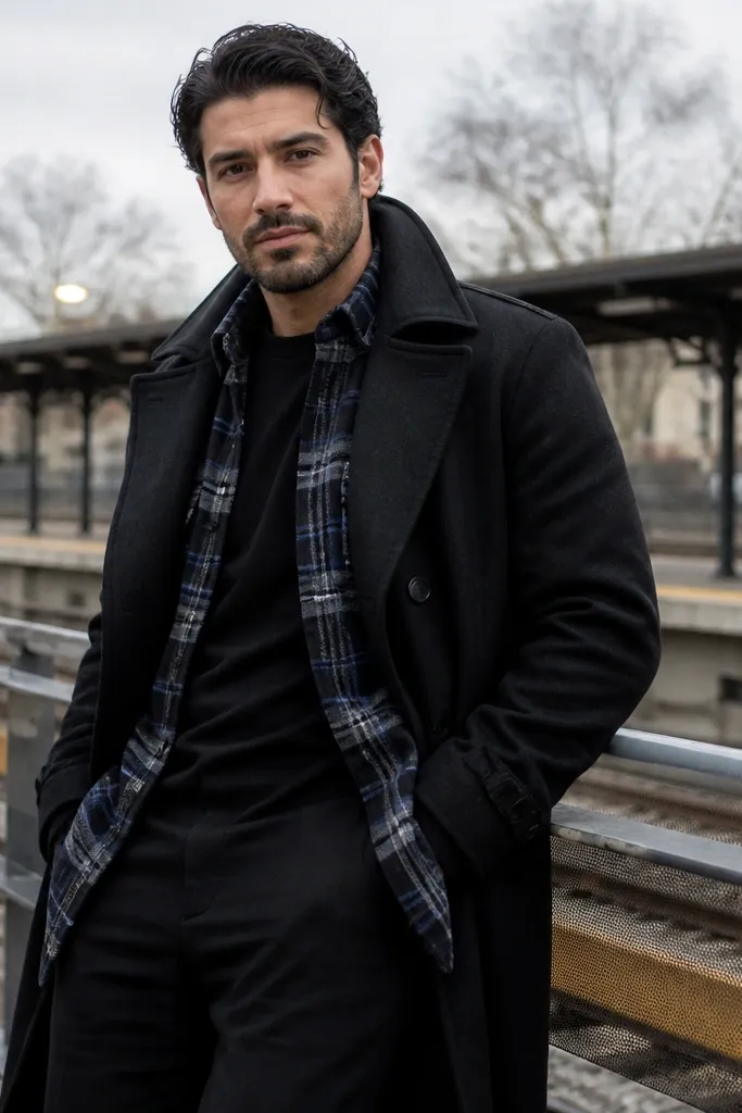 Navy plaid flannel overshirt over a black tee with tapered black trousers under a black wool trench.