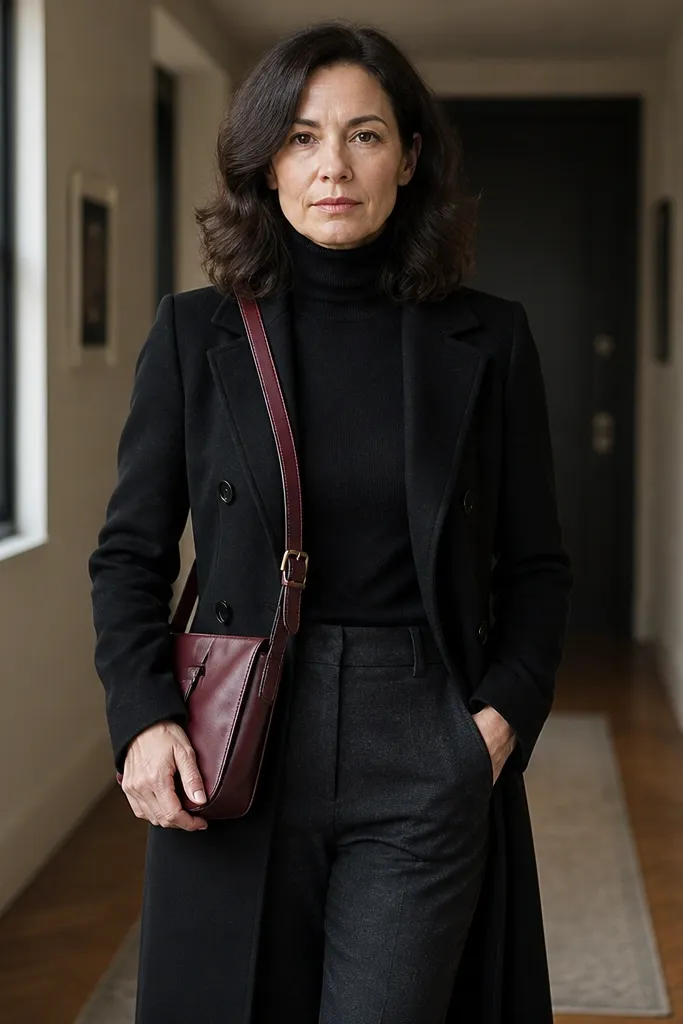 Black turtleneck and dark charcoal wool pants with a burgundy crossbody under a black wool trench.