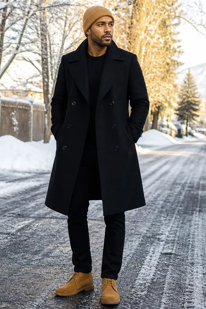 Black crewneck with black jeans and camel knit beanie under a black wool trench with suede boots.