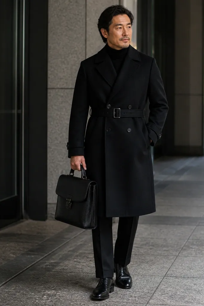Charcoal turtleneck with black trousers, black trench belt, and a black leather briefcase.