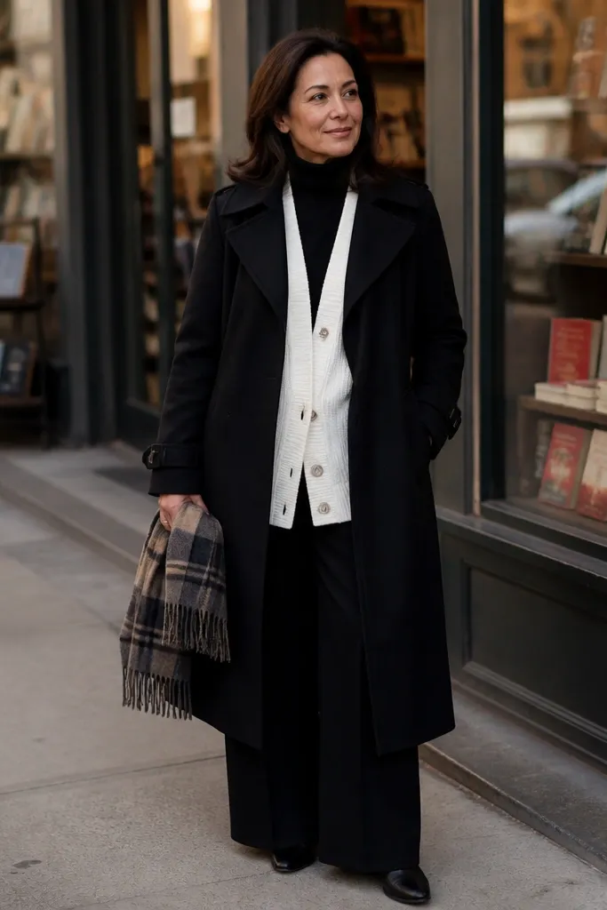 White knit cardigan over a black turtleneck with black trousers under a black wool trench.