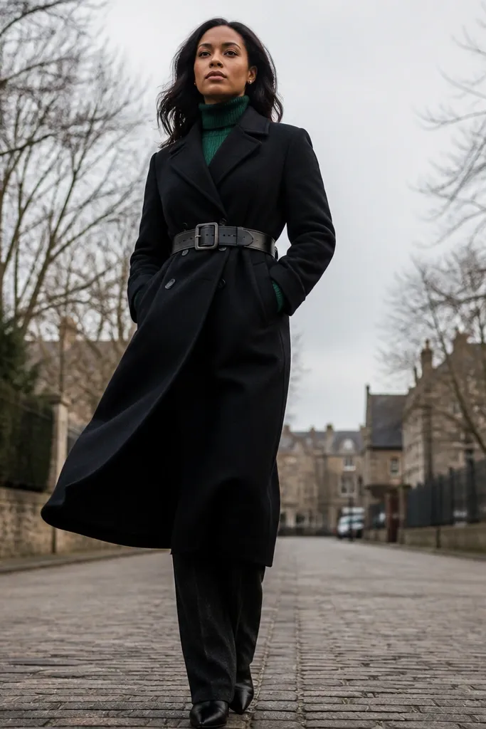 Deep green turtleneck with black trousers and a black leather belt under a black wool trench coat.