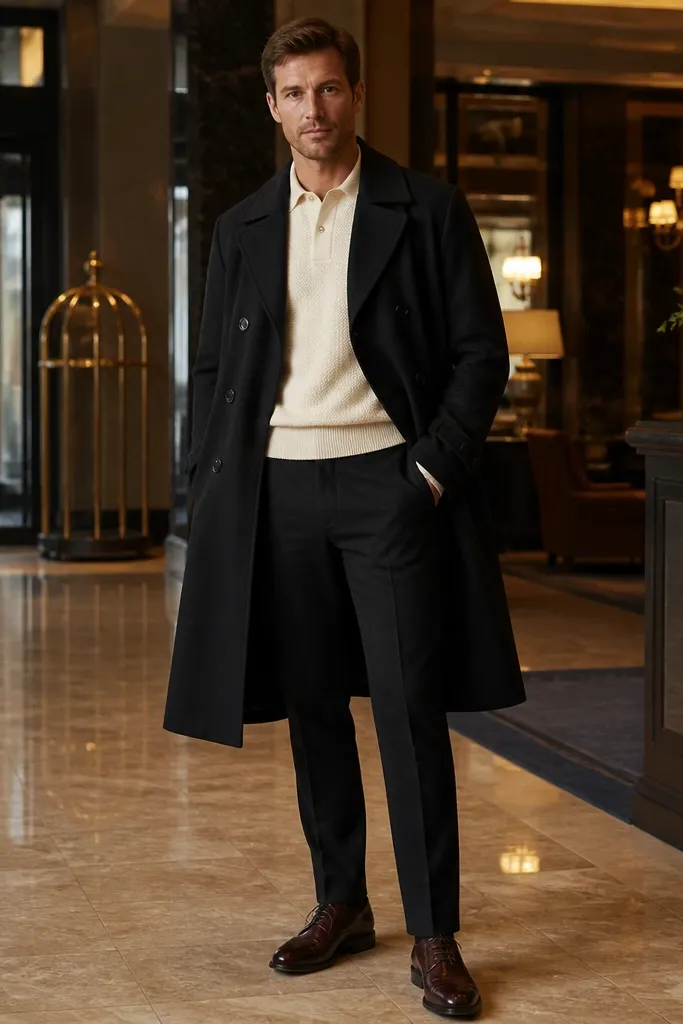 Ivory knit polo and black wool trousers under a black wool trench with oxblood cap-toe derbies.