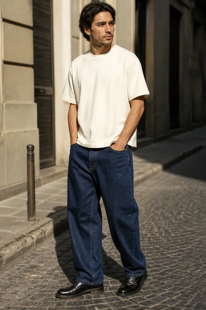 Indigo baggy jeans with a cream boxy tee and black Chelsea boots