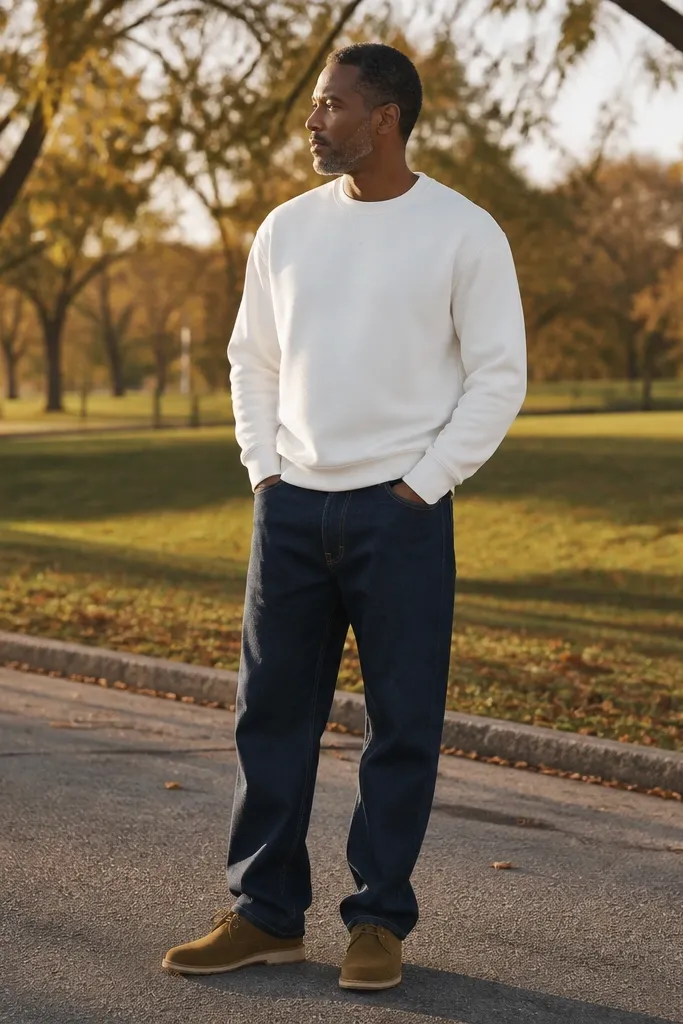 Navy baggy jeans with a white sweatshirt and tan suede chukkas
