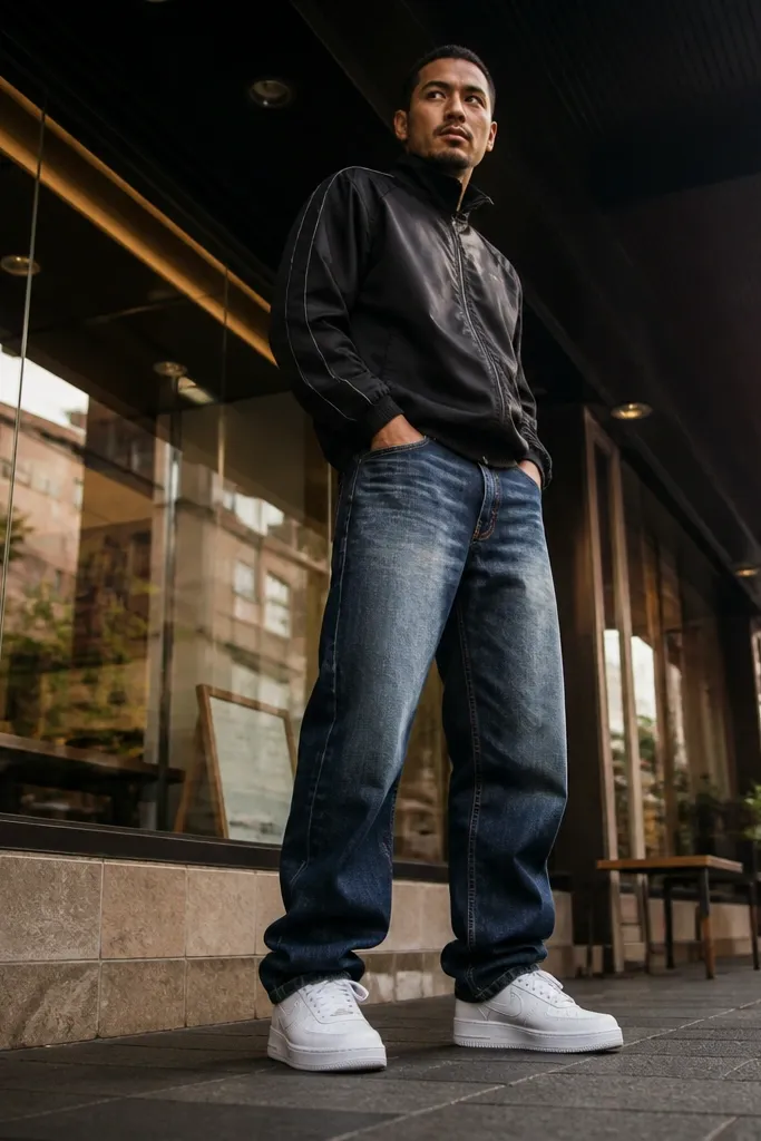 Washed indigo jeans with a black track jacket and white sneakers