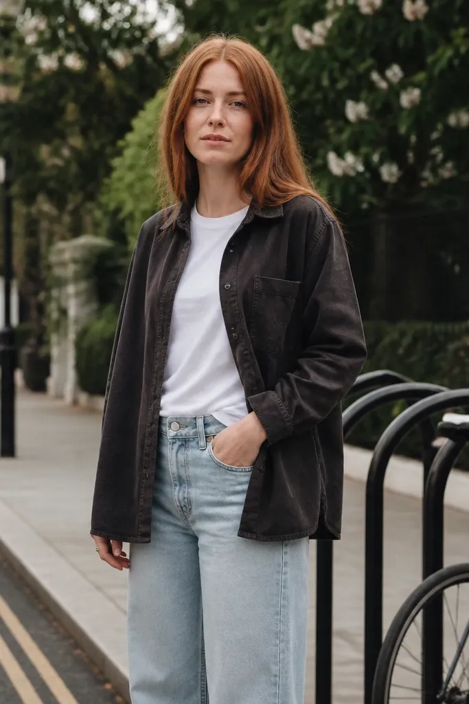 Light blue baggy jeans with a charcoal overshirt and white tee