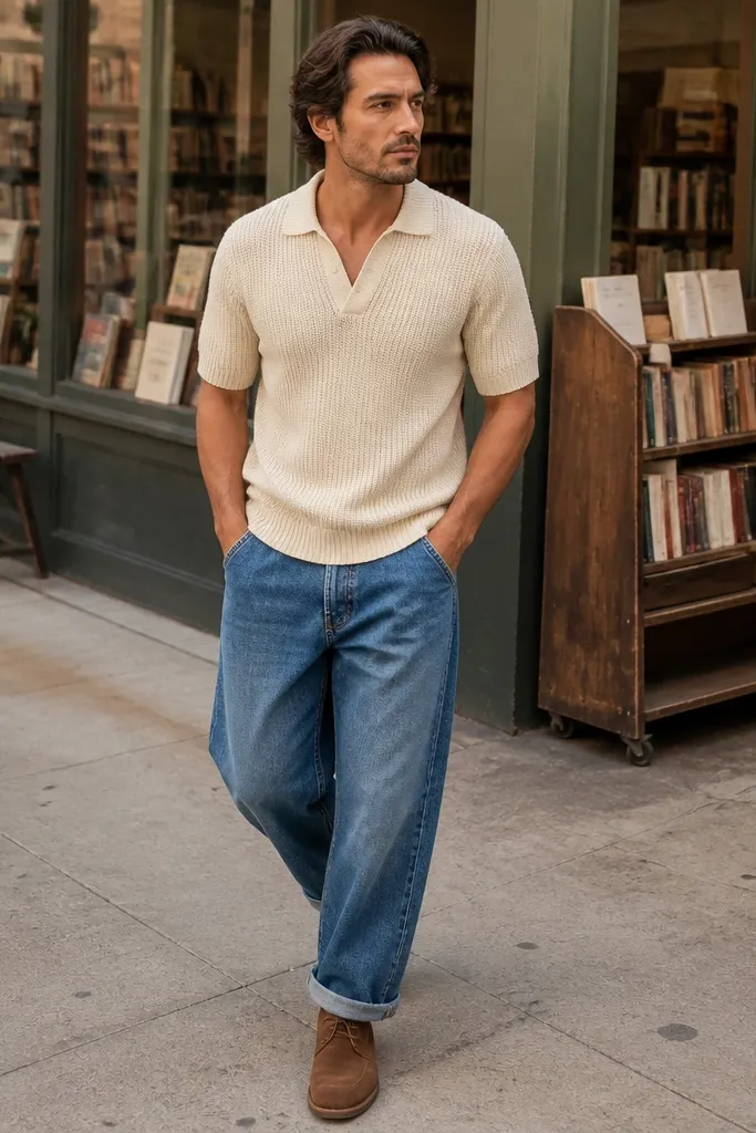 Blue baggy jeans with a cream knit polo and brown desert boots