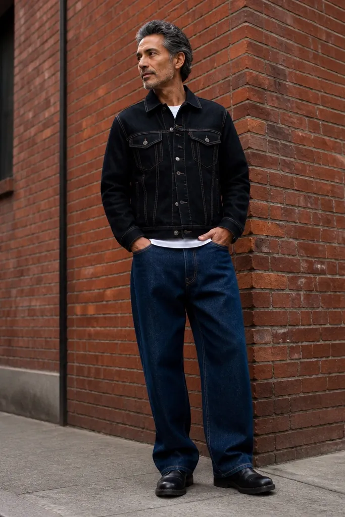 Indigo baggy jeans with a black denim jacket and white tee