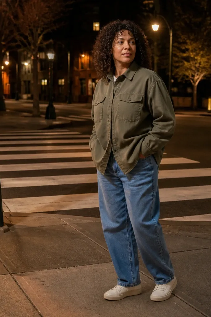 Blue baggy jeans with an olive overshirt and off-white sneakers