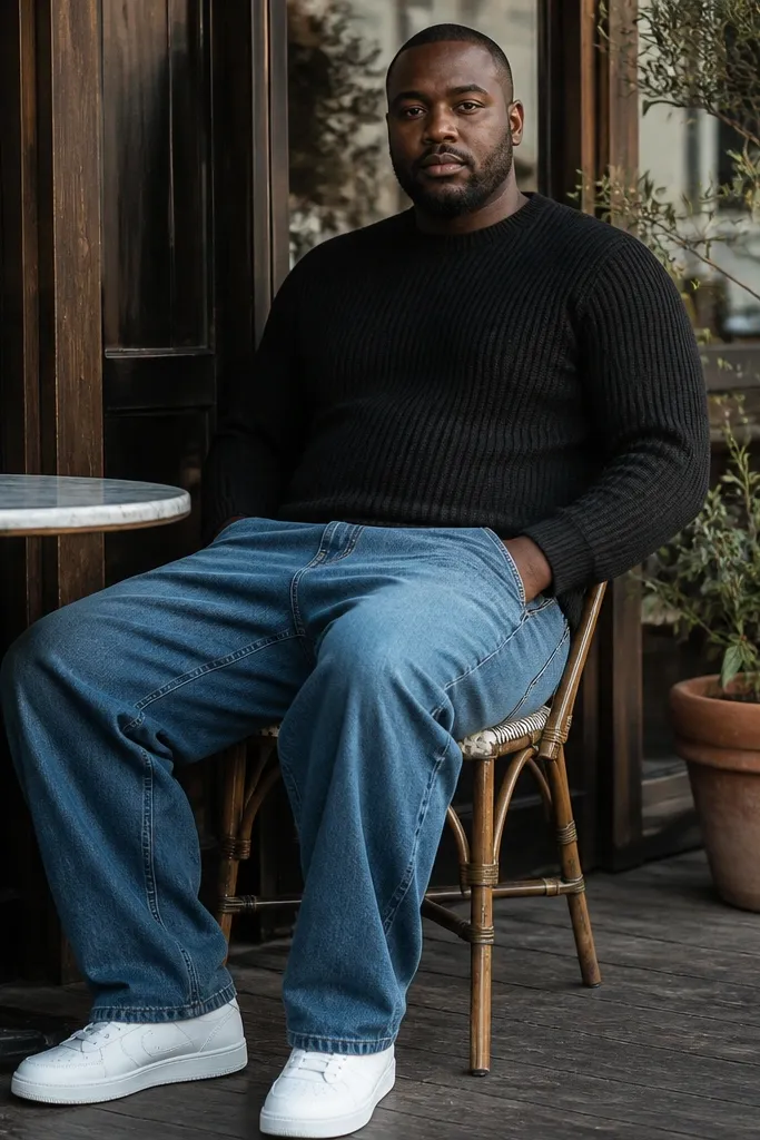 Mid blue baggy jeans with a black ribbed sweater and white leather low-tops