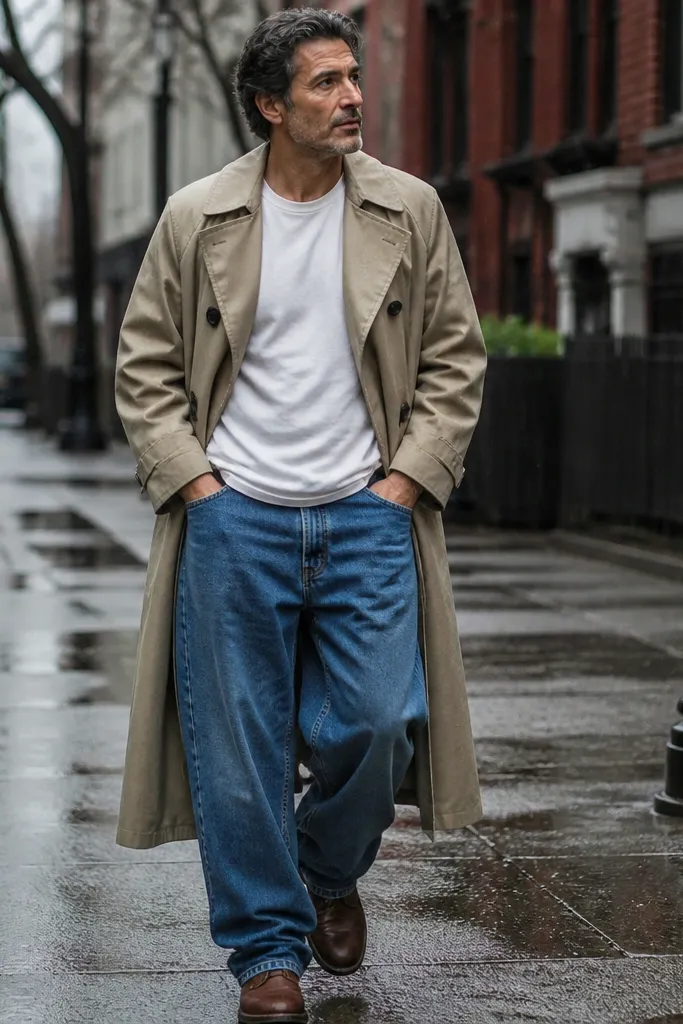 Blue baggy jeans with a tan trench coat, white tee, and brown boots